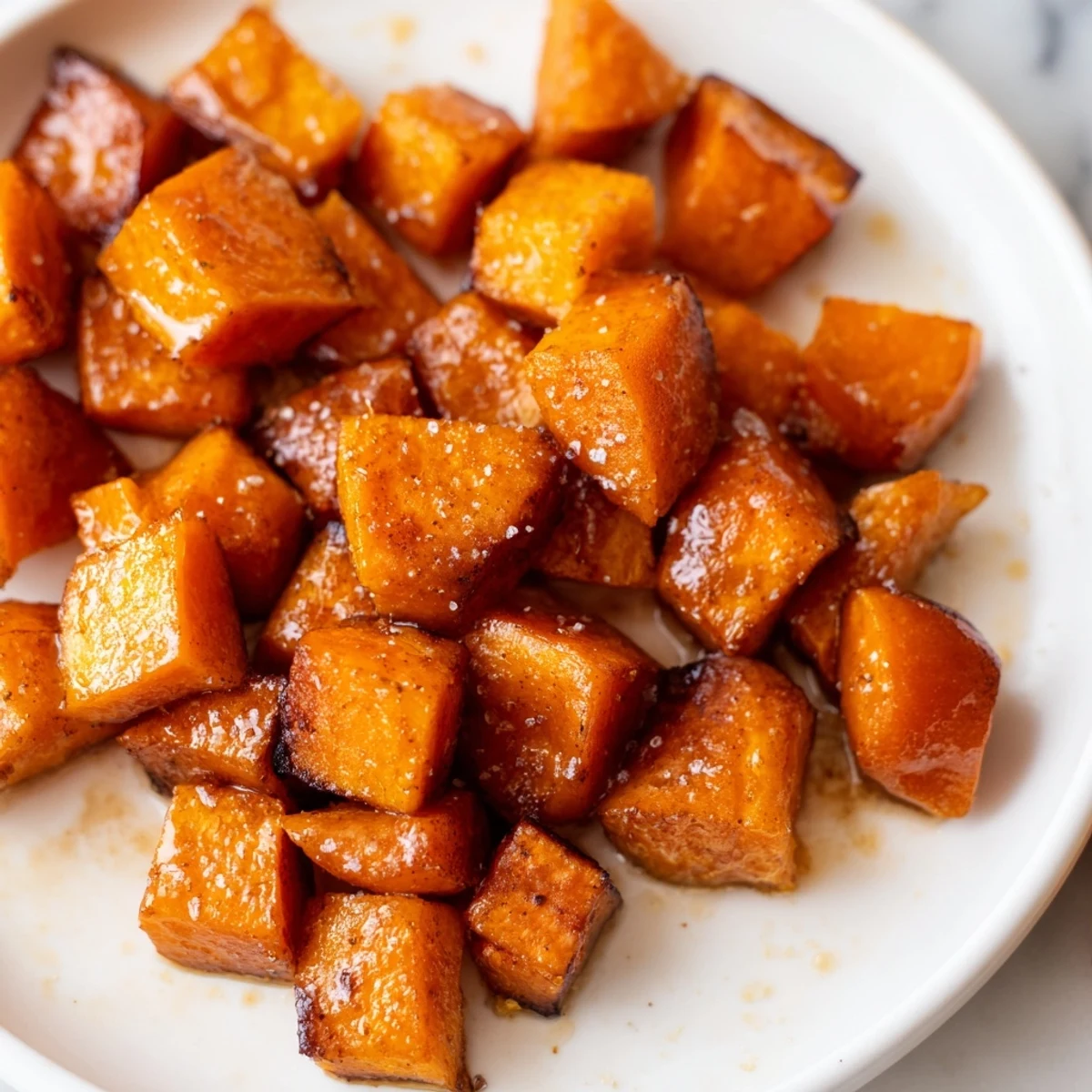 Caramelized Roasted Sweet Potatoes with Cinnamon and Brown Sugar served beside a main course.