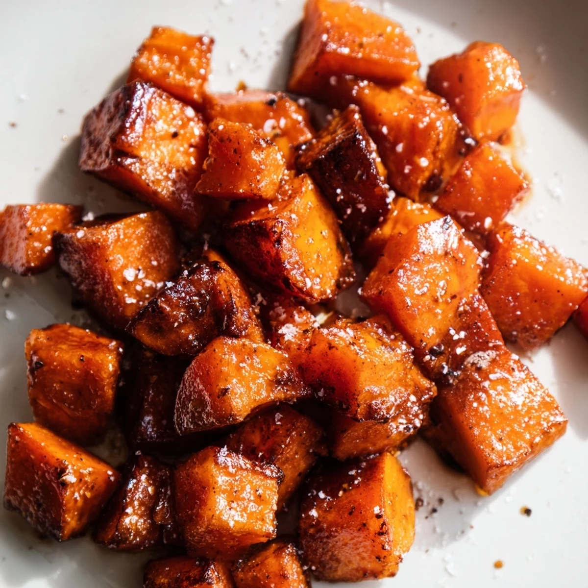 Freshly roasted Roasted Sweet Potatoes with Cinnamon and Brown Sugar garnished with chopped pecans.