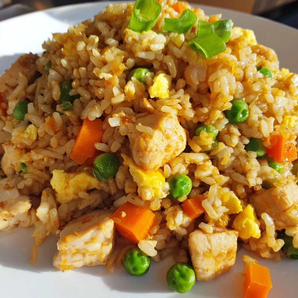 Golden-brown Chicken Fried Rice with Peas and Carrots in a white bowl, garnished with fresh green onions and a lemon wedge.