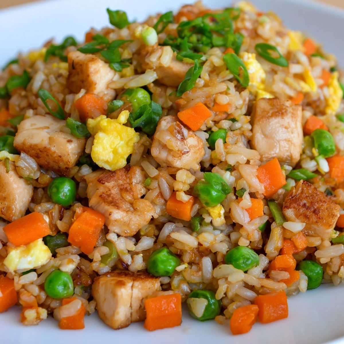 Steam rises from a skillet of Chicken Fried Rice with Peas and Carrots, featuring fluffy rice, tender chicken, and bright vegetables.