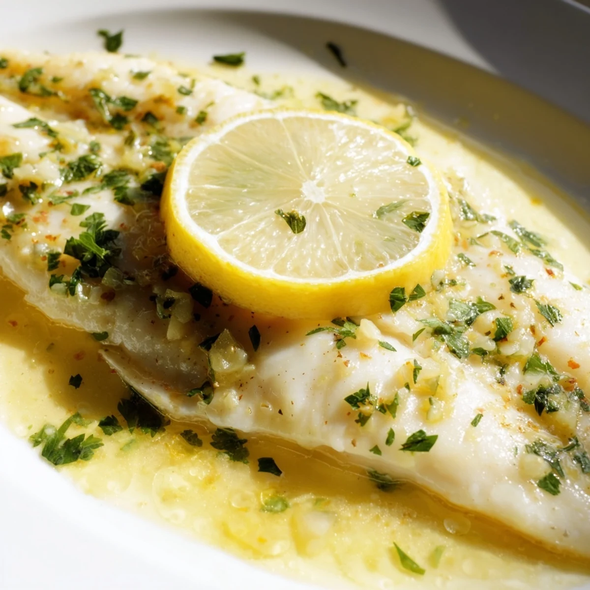 Flaky baked tilapia fillets coated in a zesty lemon butter and garlic sauce, served hot from the oven.