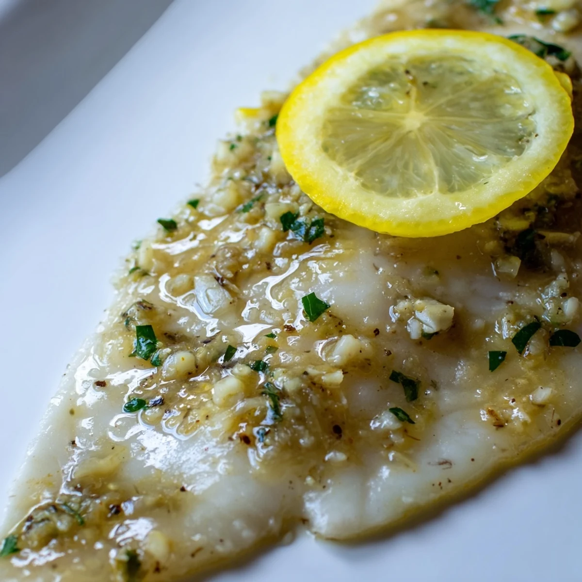 Golden-brown, tender tilapia topped with fresh parsley and bright lemon slices, resting in a baking dish.