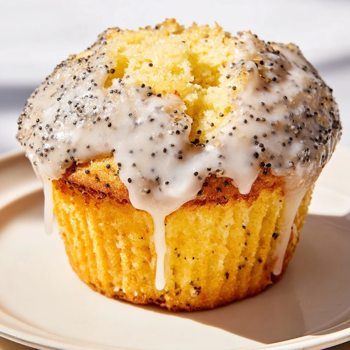 Twelve golden Lemon Poppy Seed Muffins sit on a wire rack, dripping with a thick, bright lemon glaze and smelling of fresh citrus.