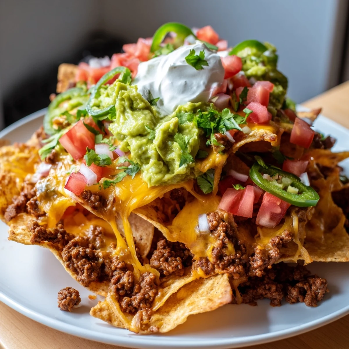Golden melted cheddar and Monterey Jack cheese blankets seasoned ground beef and jalapenos on crispy tortilla chips in these classic Beef Nachos.