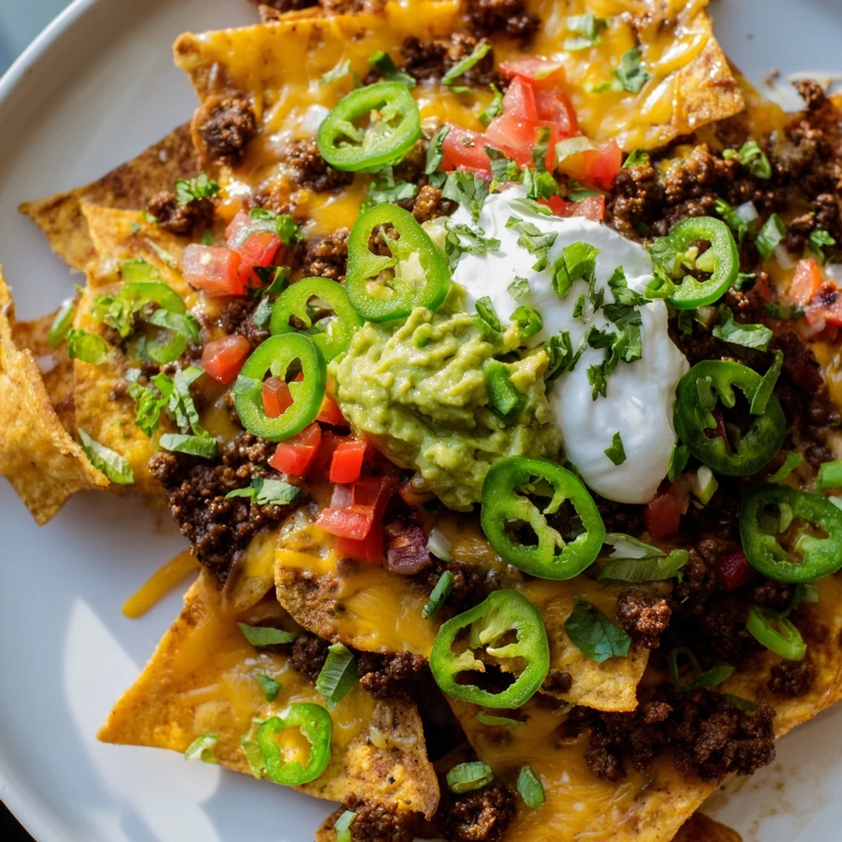 Sizzling hot from the oven, these hearty Beef Nachos are topped with fresh diced tomatoes, green onions, and a dollop of cool sour cream.