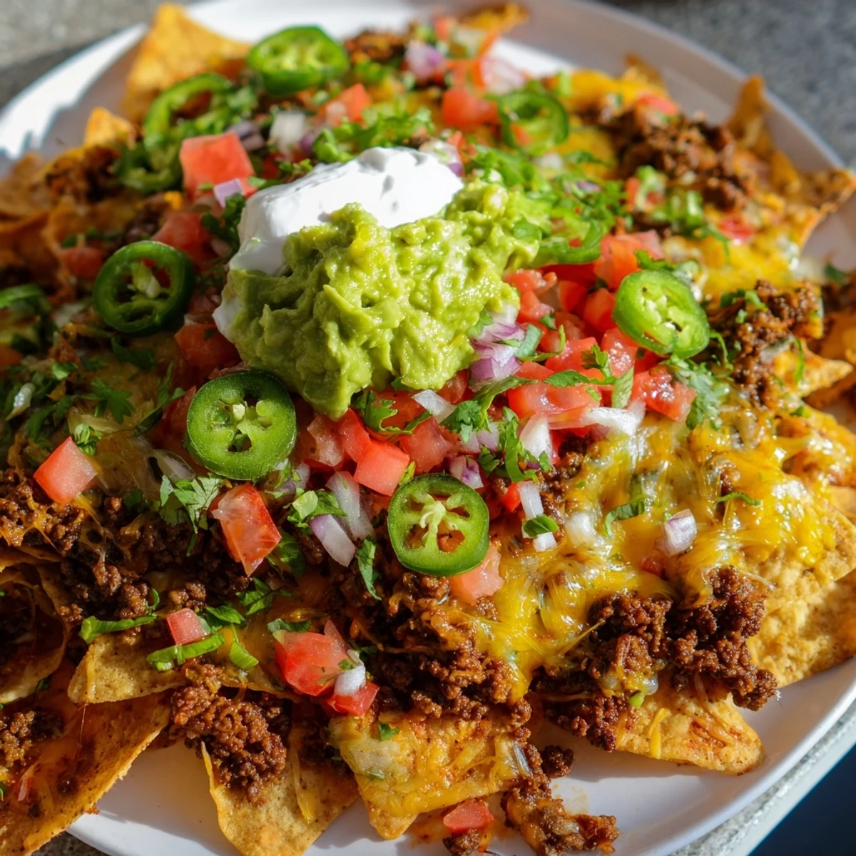 Restaurant-style Beef Nachos piled high on a platter, ready to be scooped up with spicy salsa and guacamole for a fun appetizer.