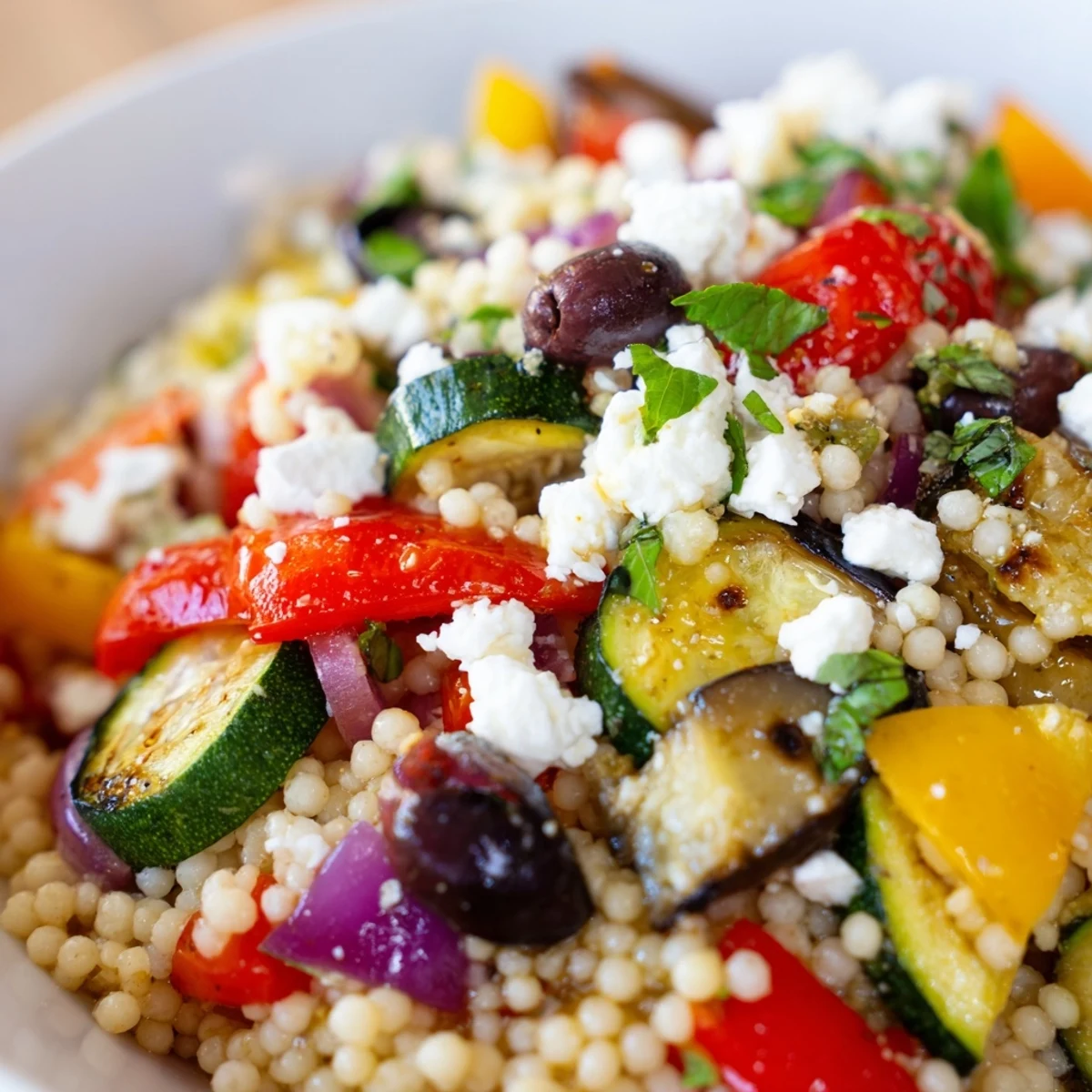 Roasted red bell pepper, zucchini, and eggplant tossed with couscous, Kalamata olives, and a bright lemon-herb vinaigrette.