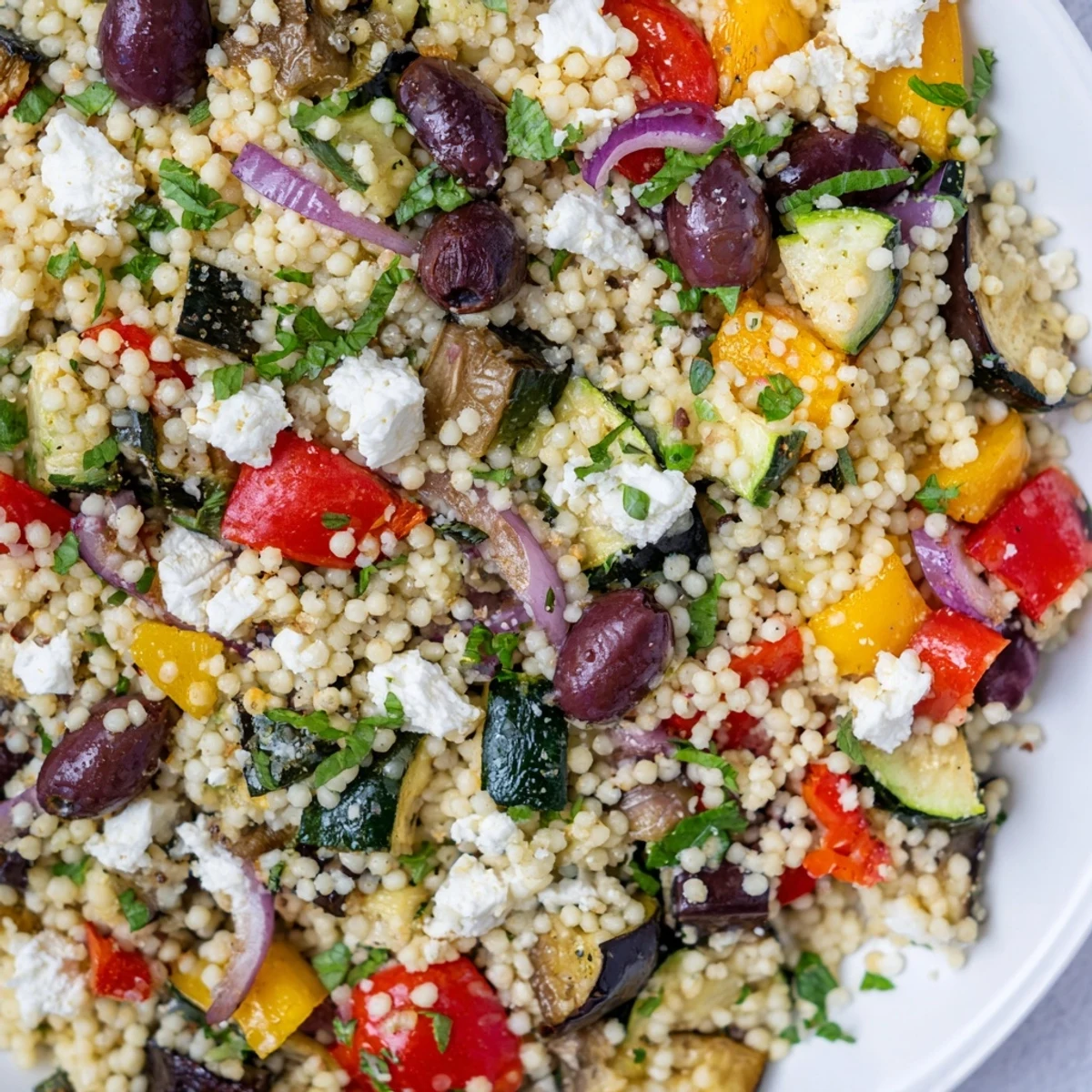 Freshly roasted Mediterranean vegetables and fluffy couscous in a salad, topped with crumbled feta cheese and a zesty lemon dressing.