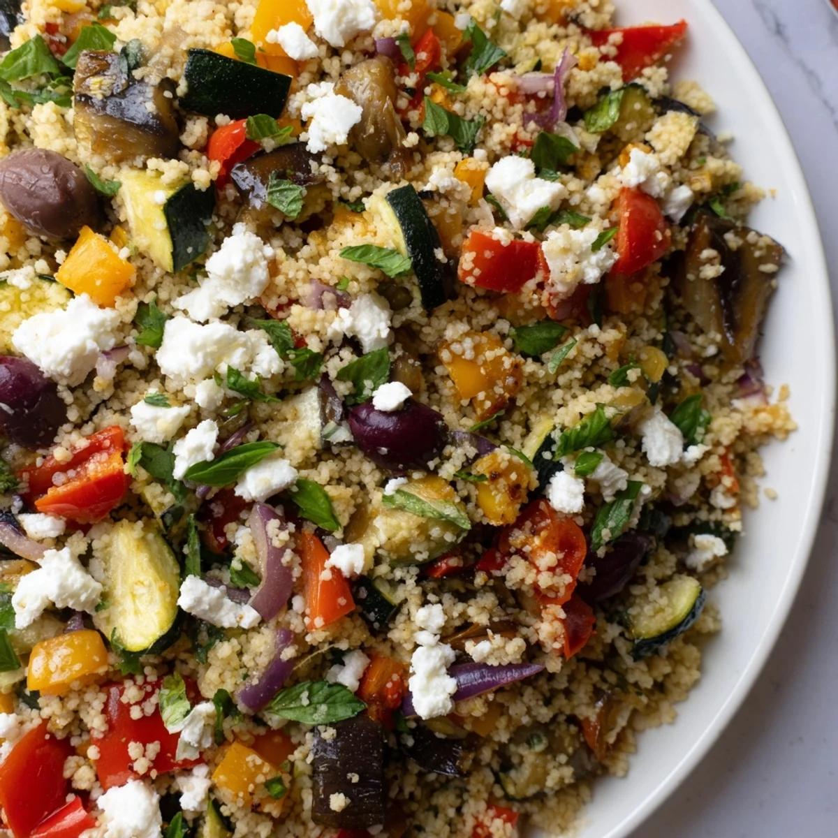 A vibrant Mediterranean Couscous Salad with roasted vegetables and herbs, served on a plate ready for a light lunch.