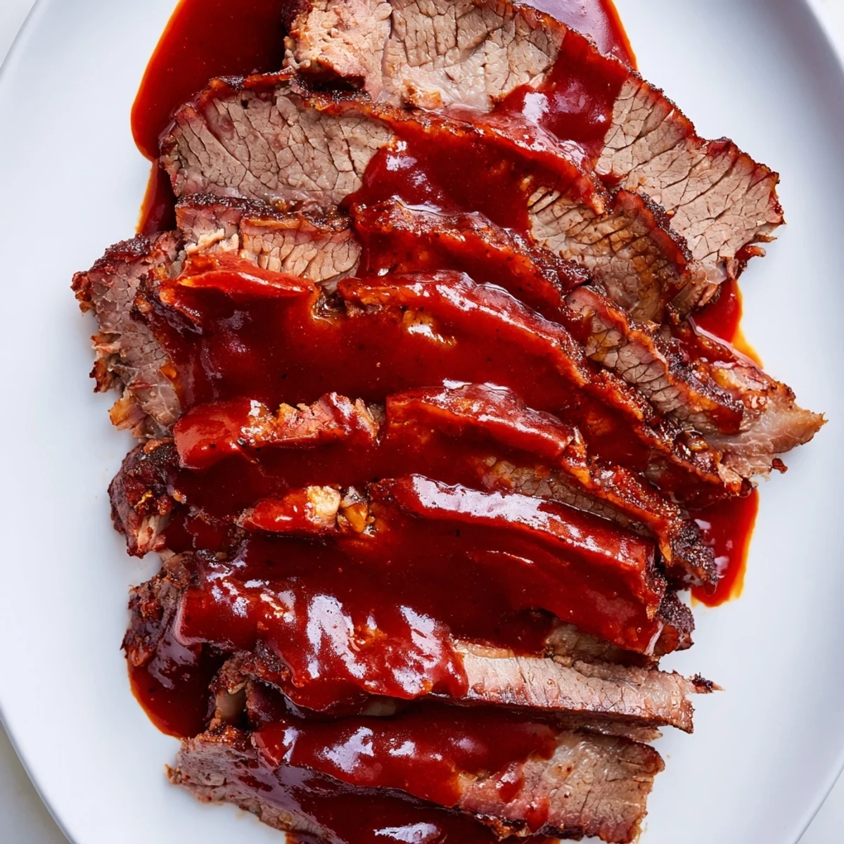 A serving platter of sliced Slow Cooker Beef Brisket with BBQ Sauce, drizzled with extra sauce and garnished with fresh parsley.