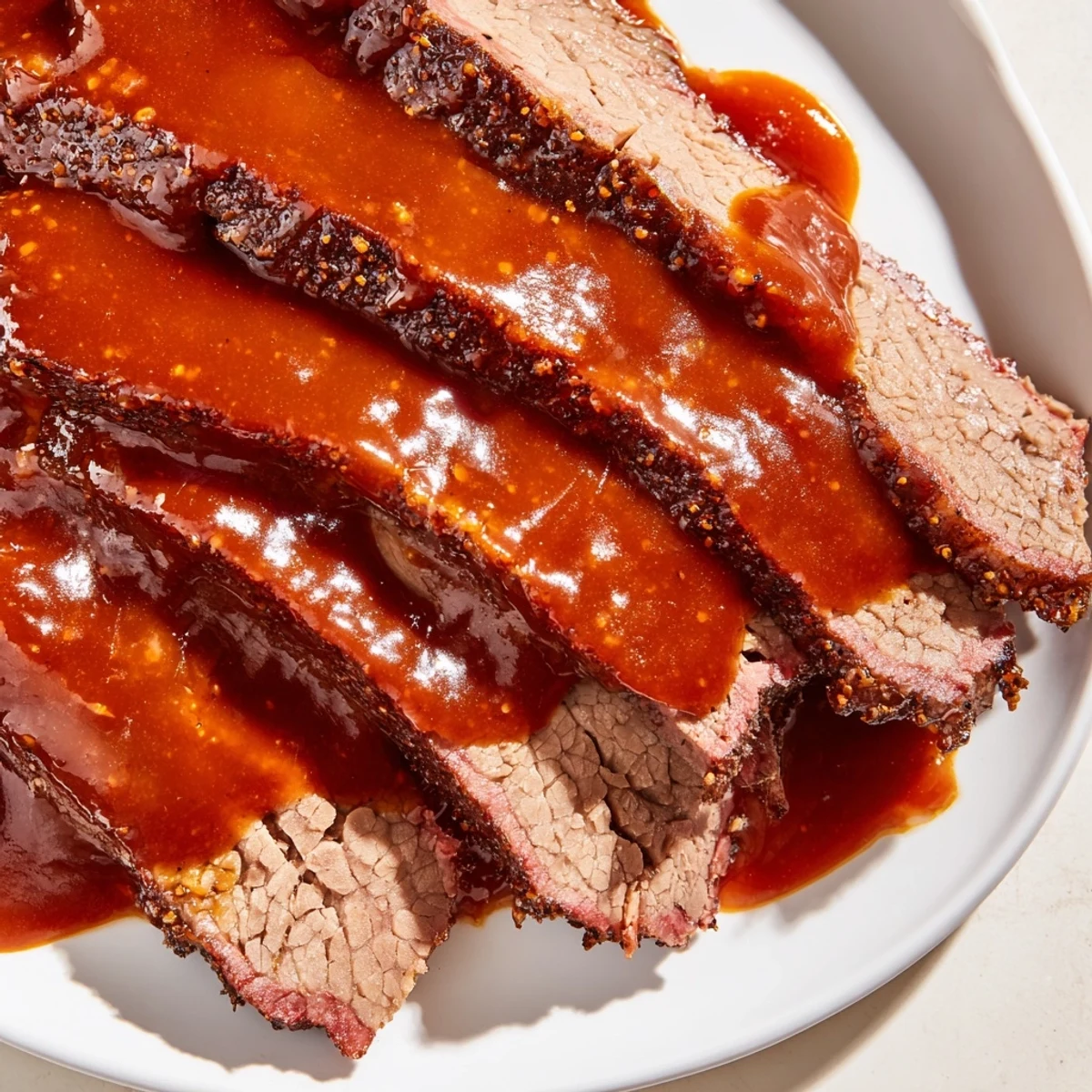 A close-up of tender Slow Cooker Beef Brisket with BBQ Sauce, coated in thick, sticky sauce on a rustic wooden board.