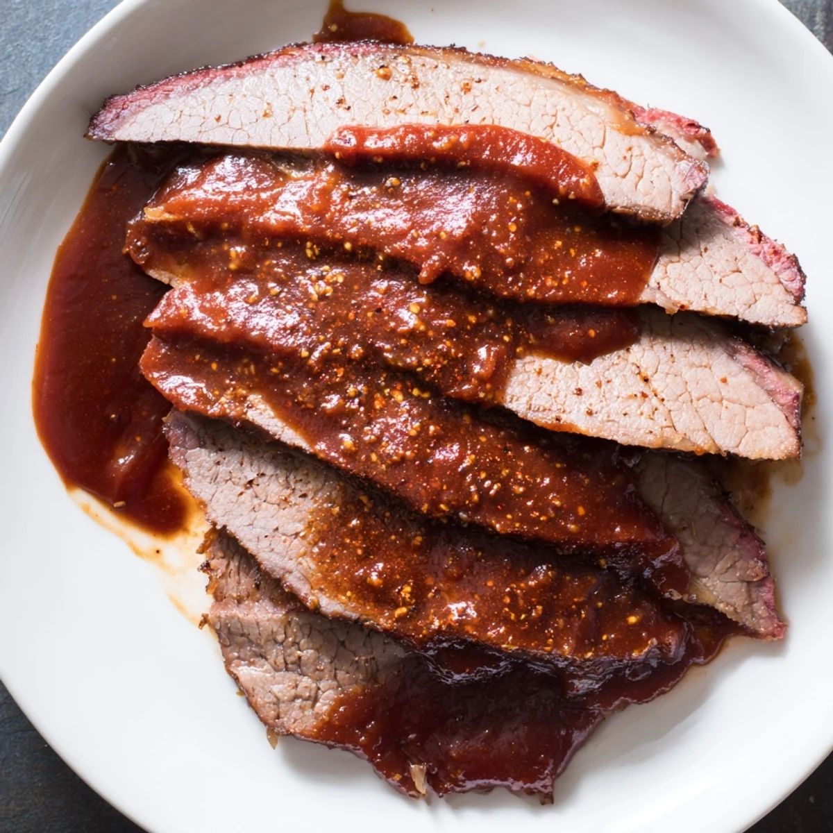 Slow Cooker Beef Brisket with BBQ Sauce resting in a slow cooker, surrounded by rich, bubbling barbecue cooking liquid.