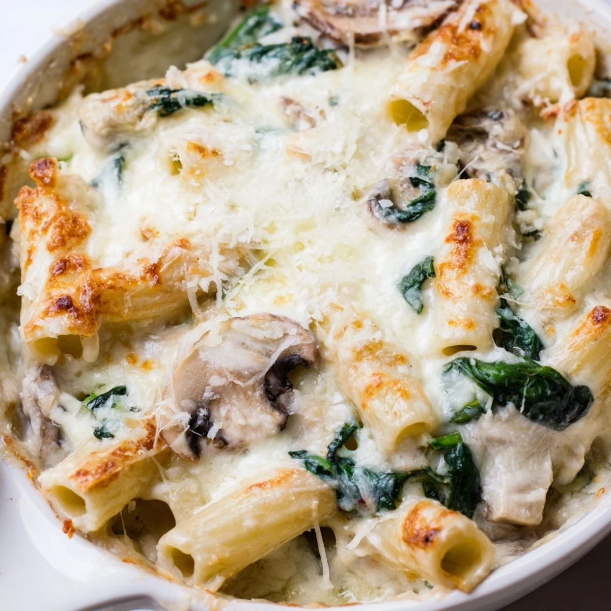 Golden brown Creamy Mushroom and Spinach Pasta Bake fresh from the oven, featuring bubbly melted mozzarella and Parmesan topping.