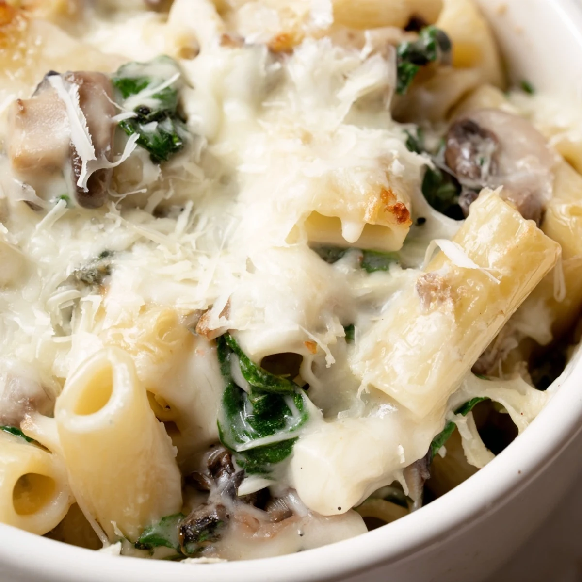 A freshly baked Creamy Mushroom and Spinach Pasta Bake served hot in a dish, garnished with thyme and cracked black pepper.