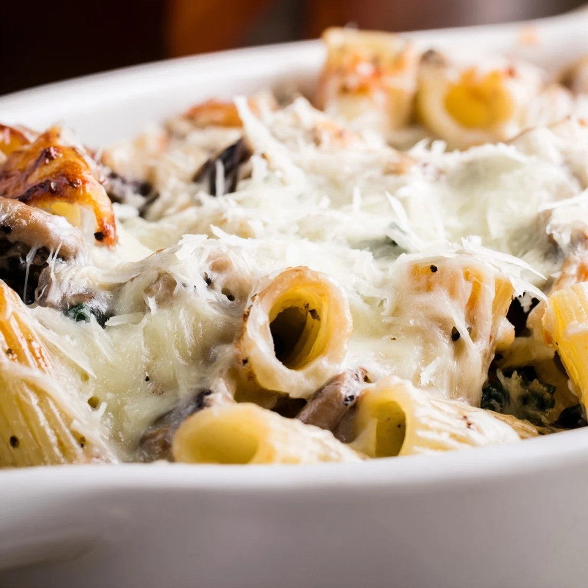 Close-up on a spoon lifting a cheesy portion of Creamy Mushroom and Spinach Pasta Bake, revealing a rich, creamy sauce.