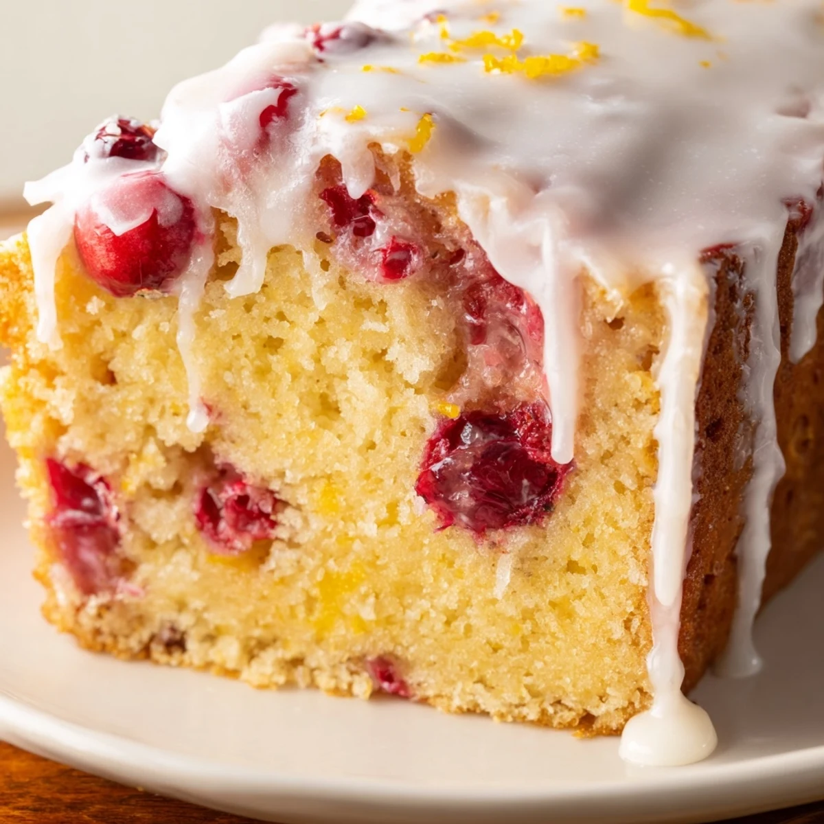 Sliced loaf on a wooden board, revealing vibrant cranberries and orange zest in each piece, ready for breakfast or tea time.