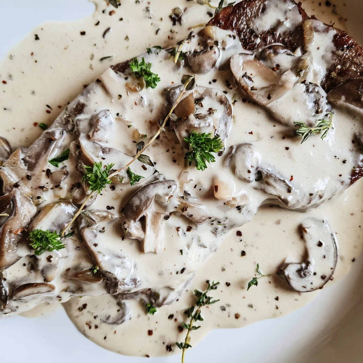 Creamy Mushroom Sauce for Steak simmering in a skillet with golden cremini mushrooms, garlic, and thyme, ready to pour over a grilled steak.
