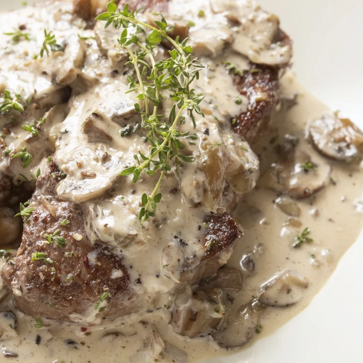 Close-up of Creamy Mushroom Sauce for Steak in a pan, featuring velvety heavy cream and sautéed shallots, ideal for drizzling over meat.