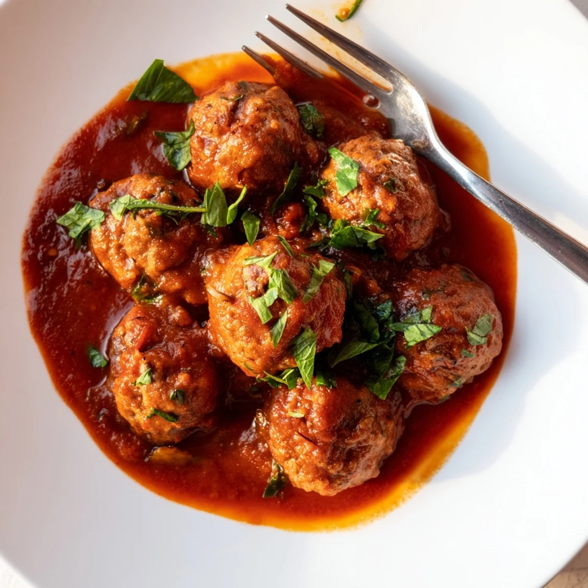 Golden-brown Spiced Lamb Meatballs simmering in a rich tomato sauce with fresh parsley garnish, ready to serve over fluffy couscous.