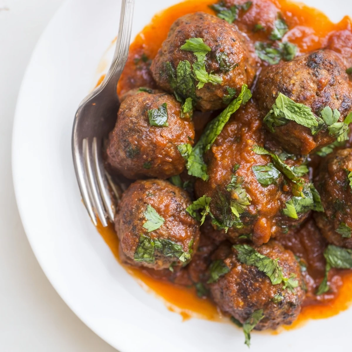 Tender baked Spiced Lamb Meatballs nestled in a savory tomato herb sauce, perfect for scooping up with warm pita bread.