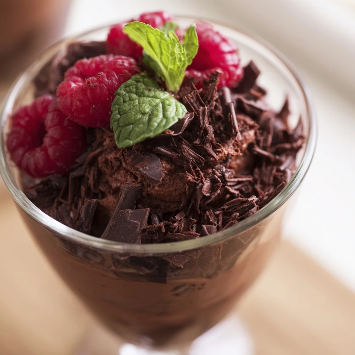 Rich chocolate mousse cups topped with fresh raspberries and mint in a clear glass, ready to serve.