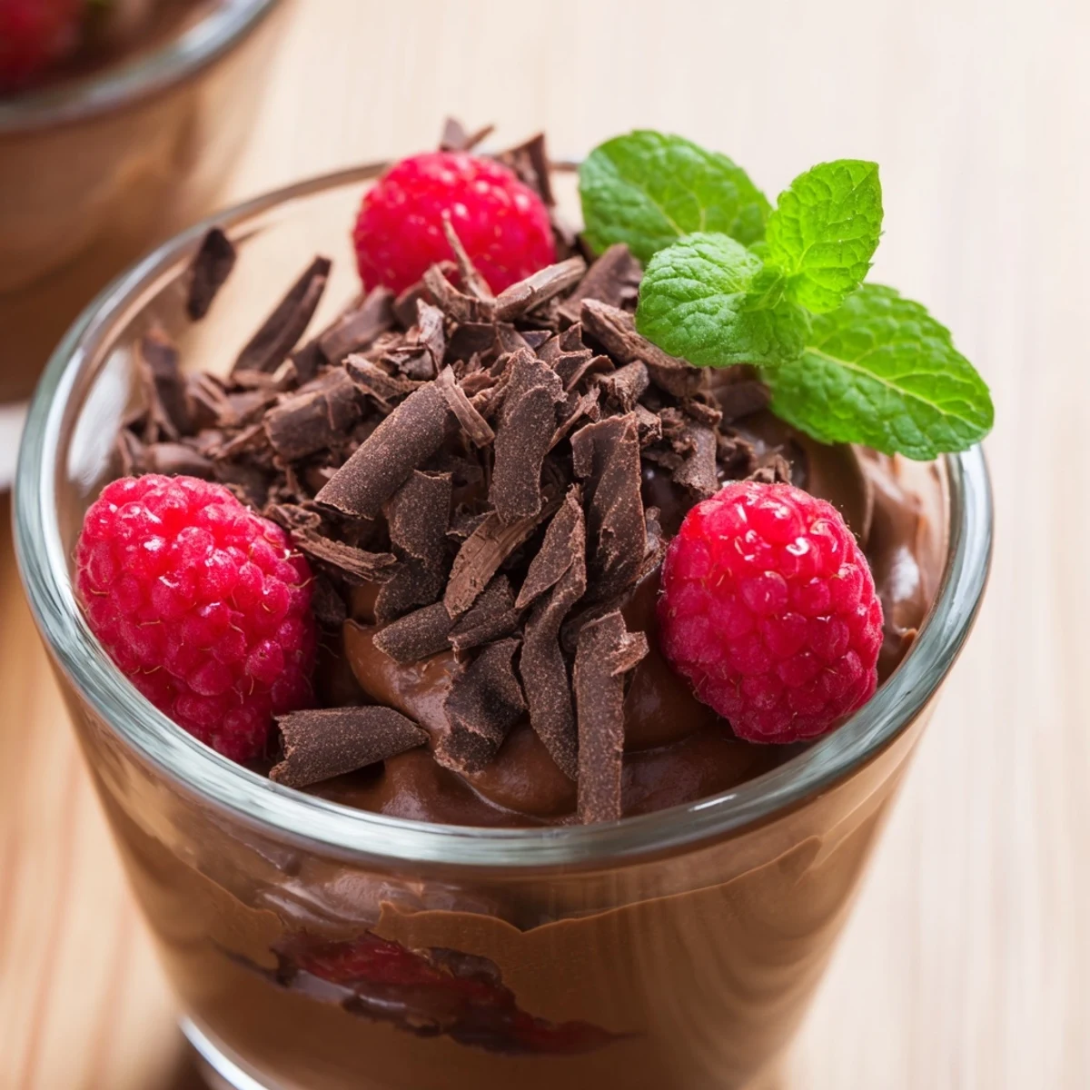 Decadent chocolate mousse cups with raspberries and chocolate shavings, perfect for a gluten-free dessert.