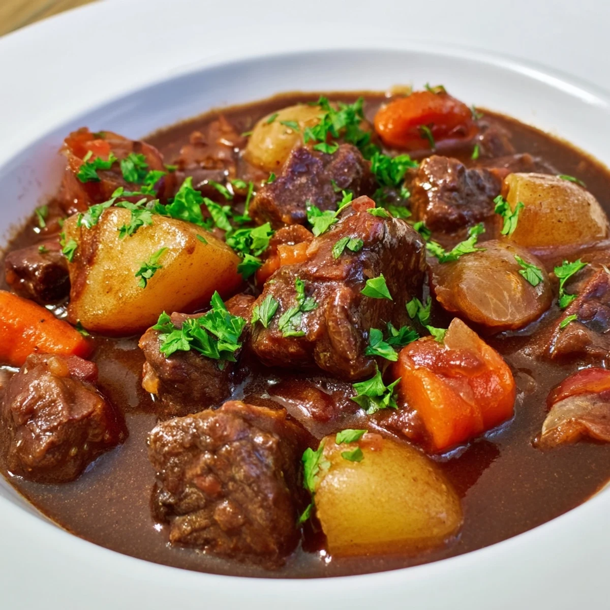 A bowl of hearty Alcohol-Free Guinness Beef Stew with tender chunks, root vegetables, and a rich, dark broth garnished with parsley.