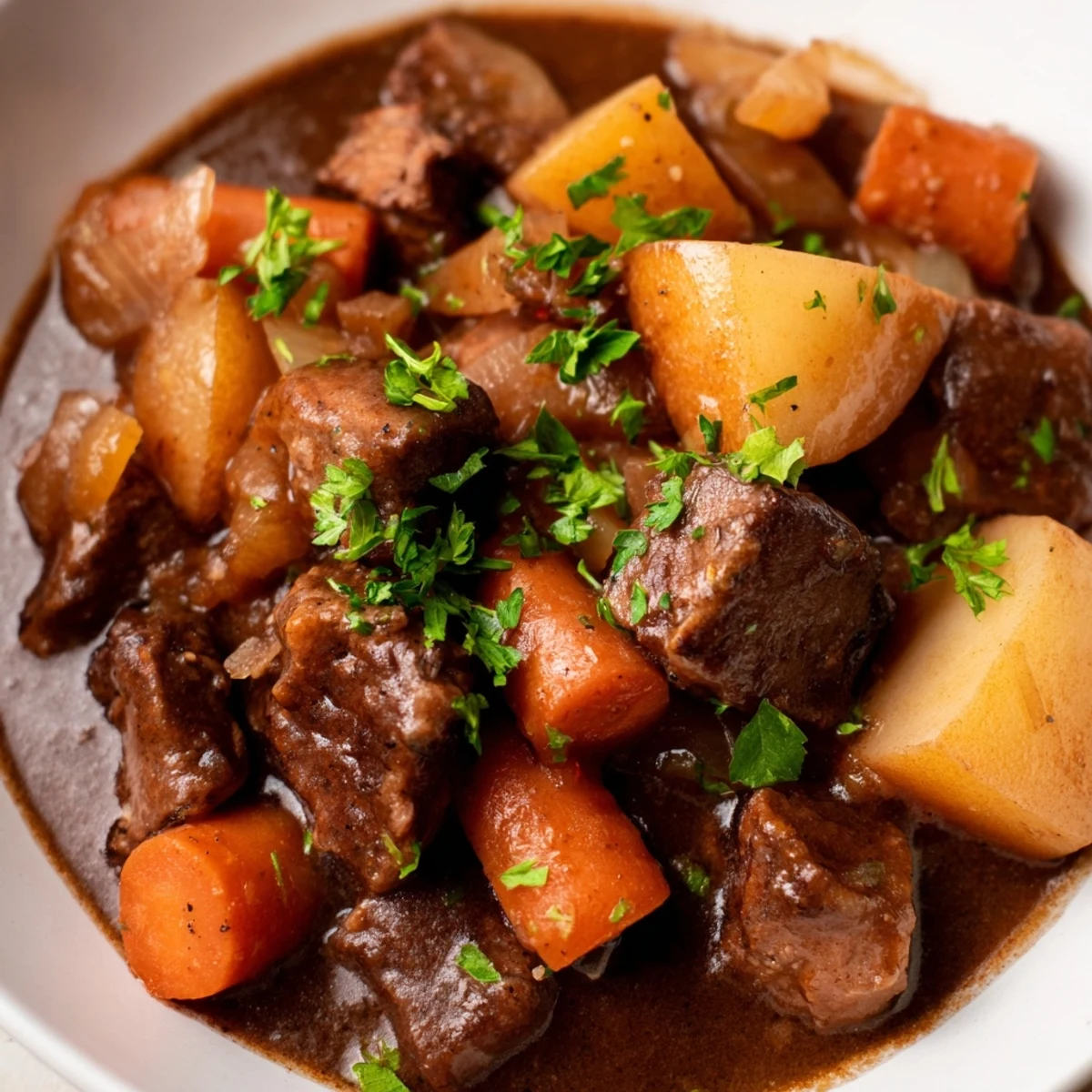 Close-up of Alcohol-Free Guinness Beef Stew showing fork-tender beef and carrots simmering in a malty, aromatic broth, ready to serve.
