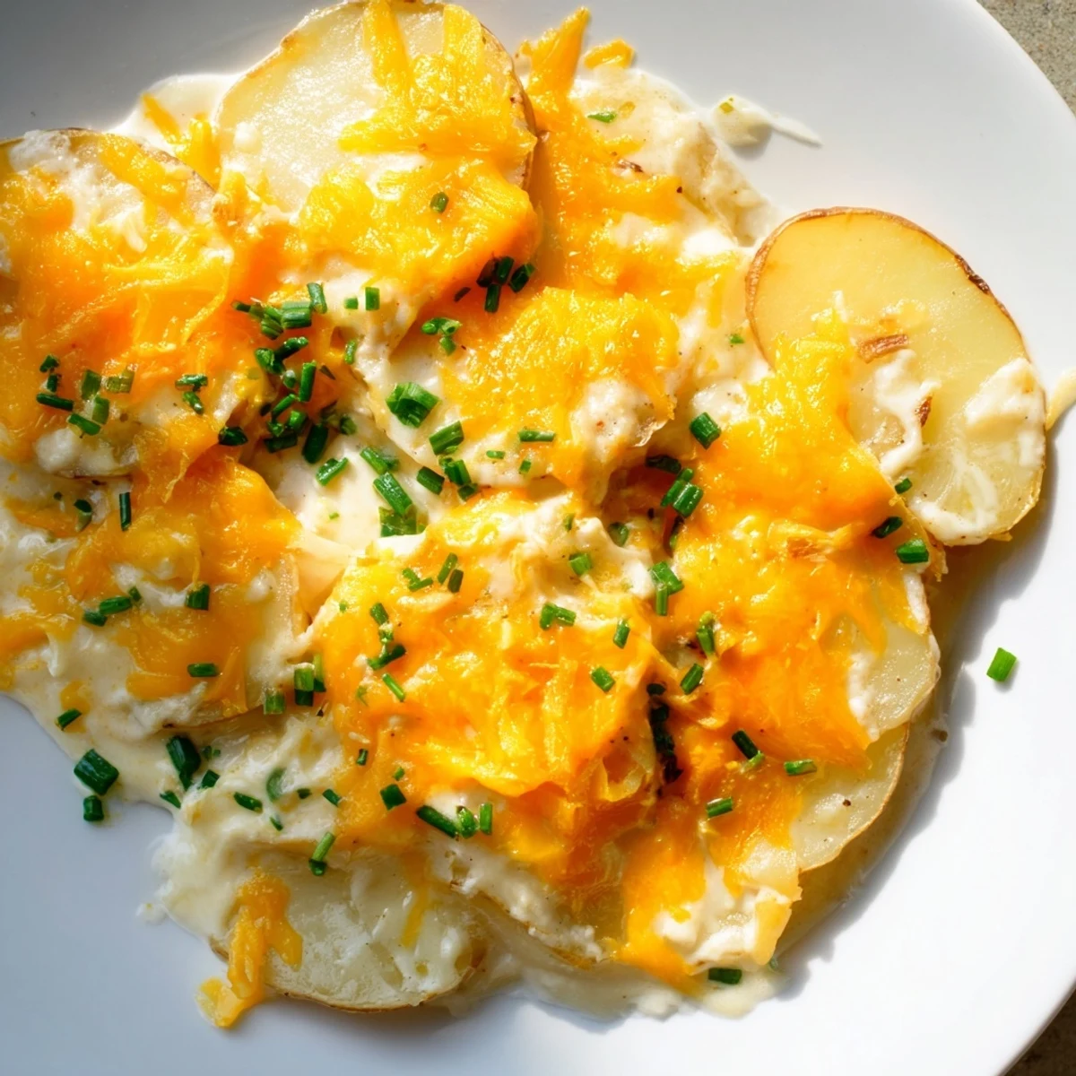 Baked Cheesy Scalloped Potatoes with Cream served as a golden side dish beside a slice of roast chicken.
