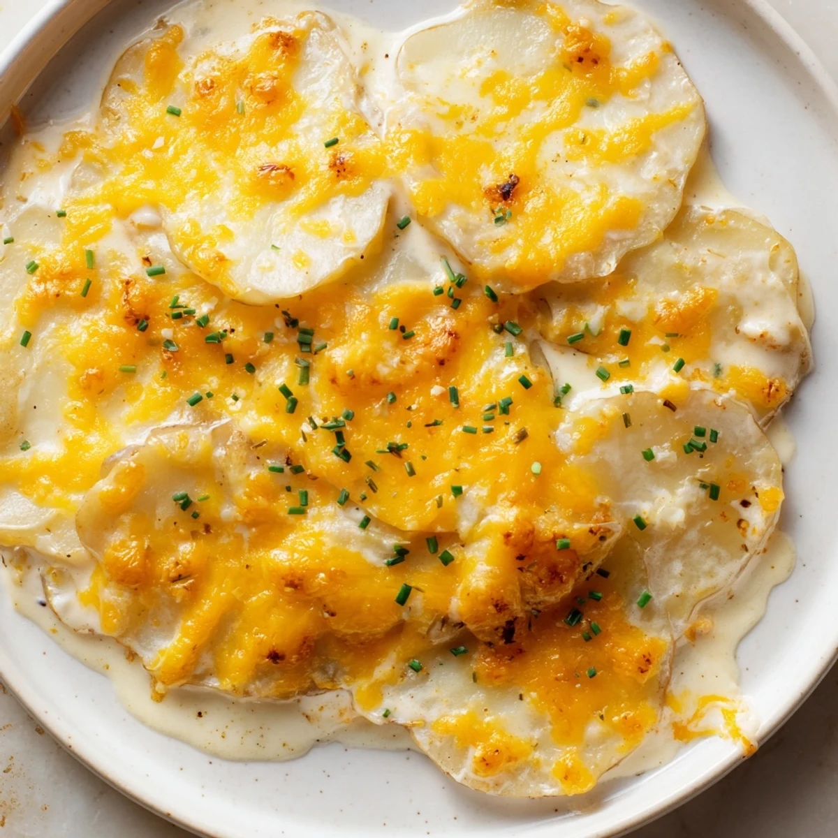 Golden-brown Cheesy Scalloped Potatoes with Cream bubbling from a ceramic baking dish, garnished with fresh chives.
