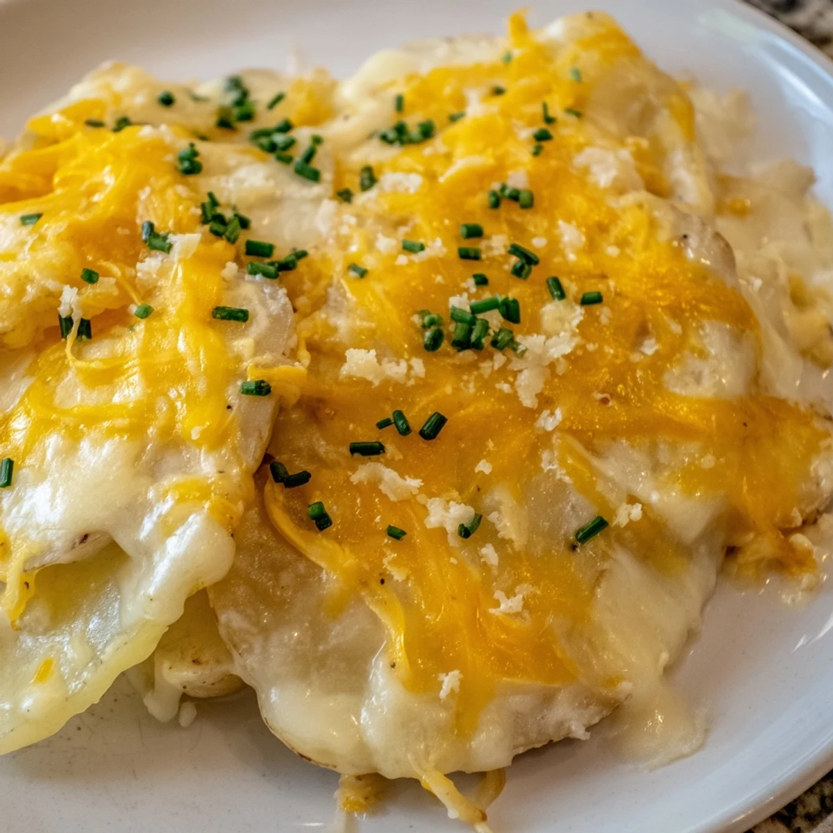Steam rising from a rich casserole of Cheesy Scalloped Potatoes with Cream featuring thinly sliced layers.