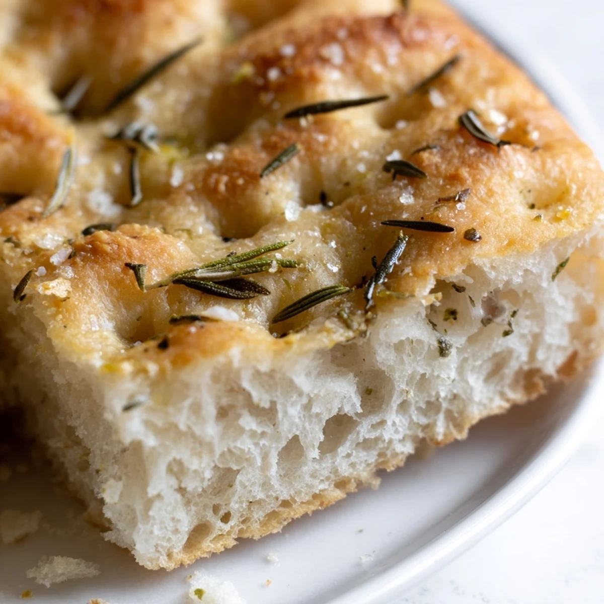 Close-up of freshly baked Garlic Herb Focaccia Bread with Rosemary, showcasing golden crust and glistening olive oil. 