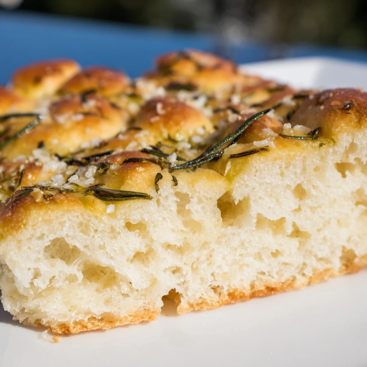 Sliced loaf of Garlic Herb Focaccia Bread with Rosemary served on a wooden board, ready for dipping in balsamic. 
