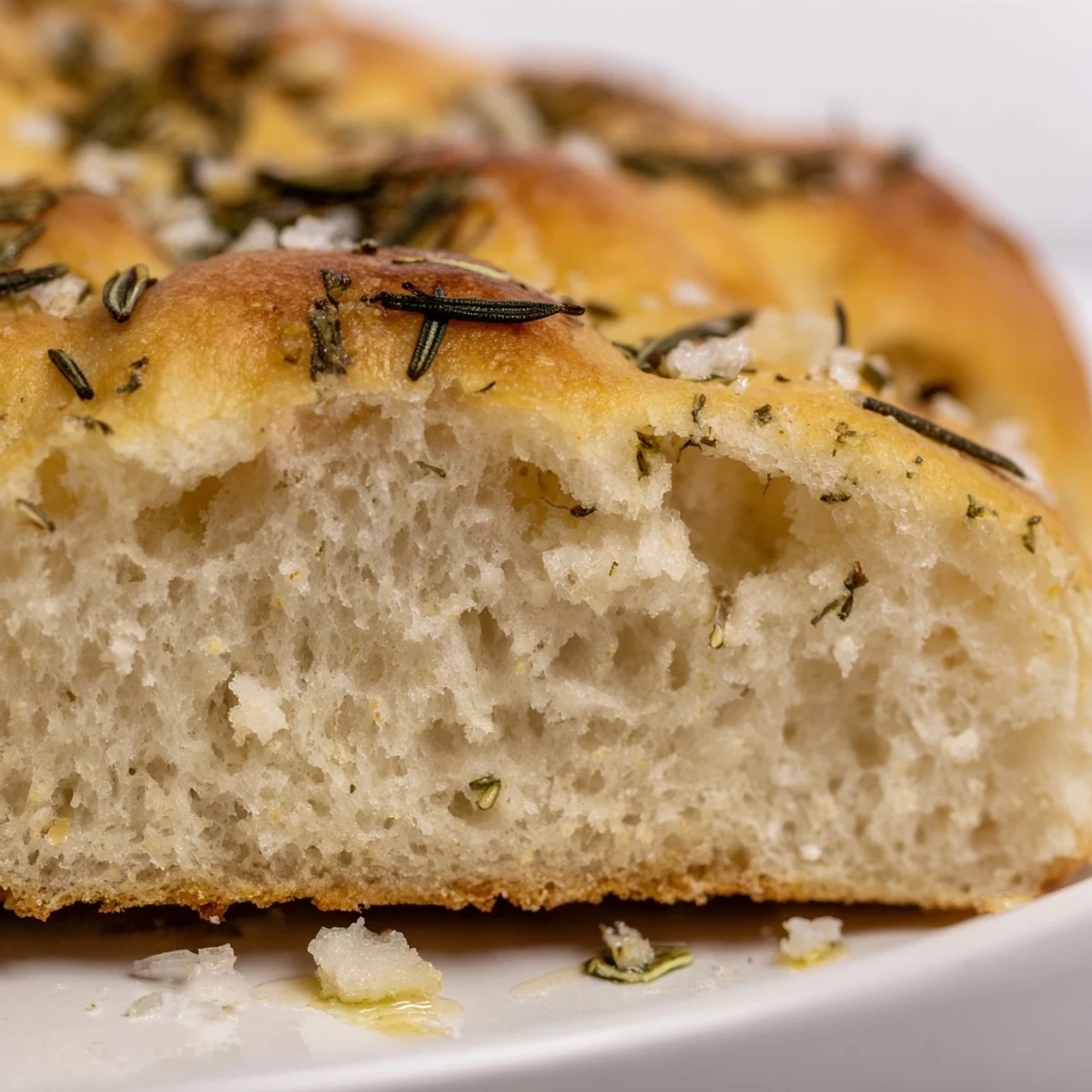 Homemade Garlic Herb Focaccia Bread with Rosemary cooling on a wire rack, showcasing fluffy interior and aromatic herbs.