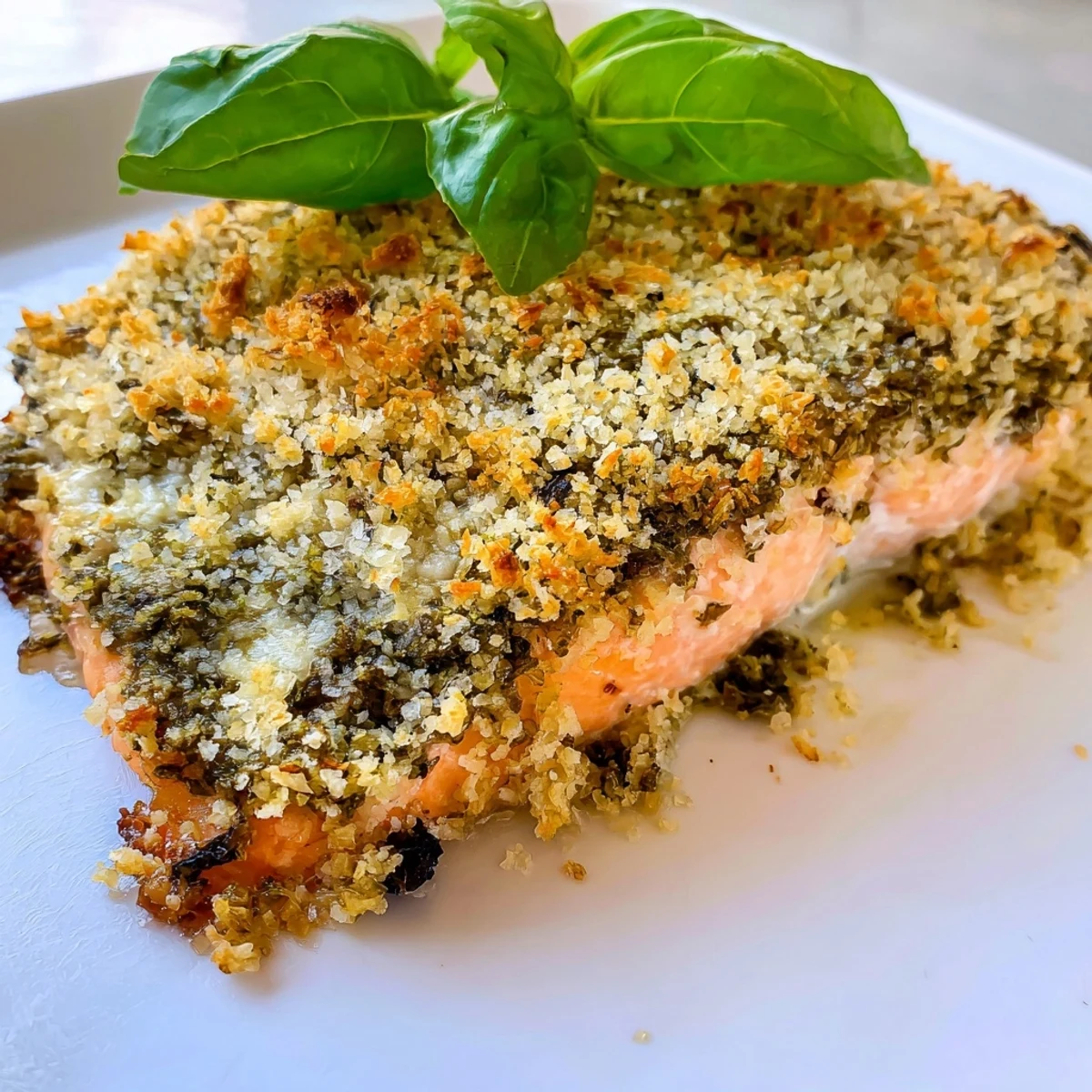 Oven-roasted Baked Salmon with Pesto Crust paired with a crisp green salad, highlighting a healthy Mediterranean main course.