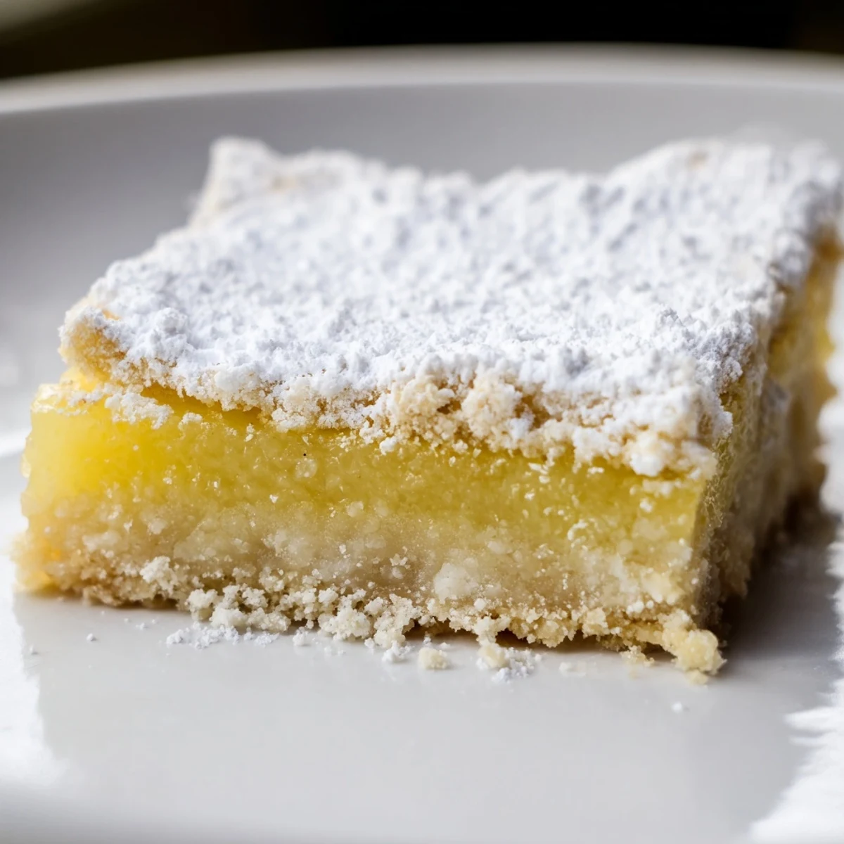 Golden baked Lemon Slice with Tea on a rustic plate, dusted with powdered sugar and served with a hot Earl Grey cup.