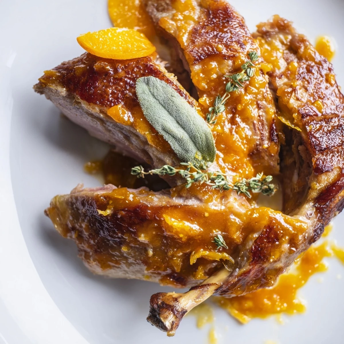 Golden brown Roasted Duck with Orange on a platter, glistening with orange glaze and garnished with fresh thyme.