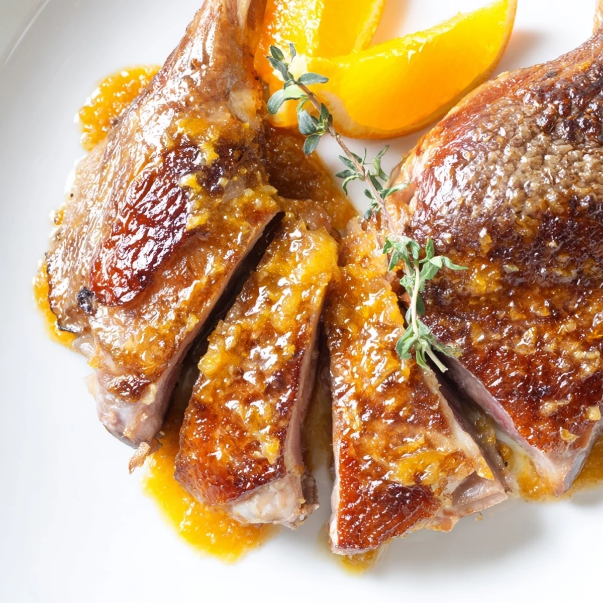 Close-up of carved Roasted Duck with Orange showing tender meat and crispy skin beside a small ramekin of sauce.