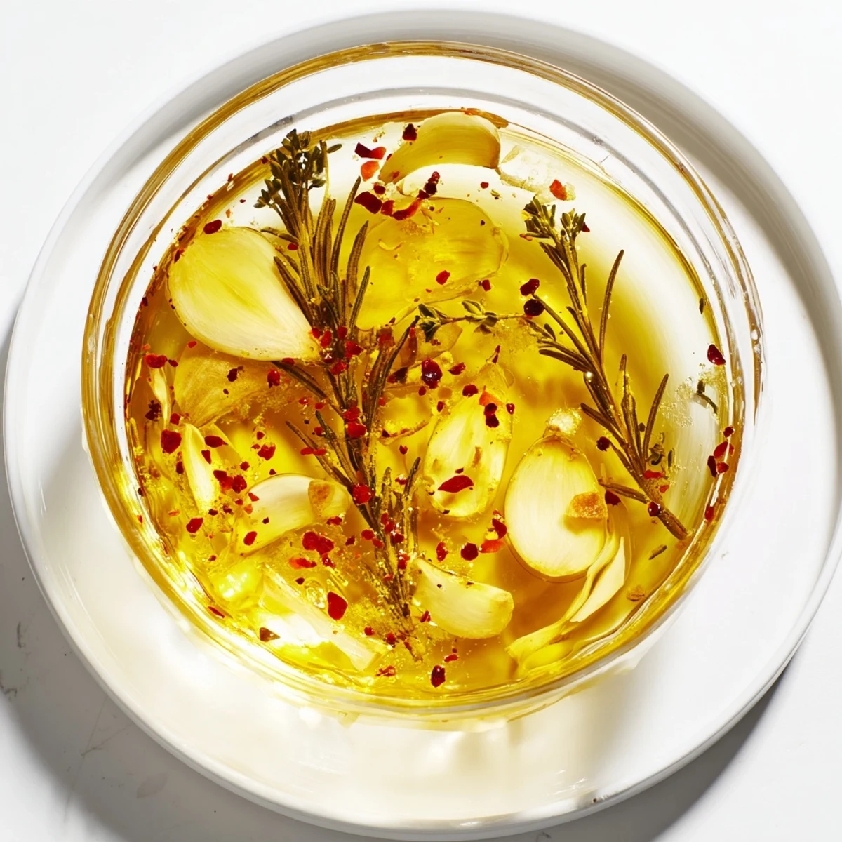 Fragrant Garlic Oil with Herbs slowly infused, with golden garlic and rosemary swirled in a glass jar.