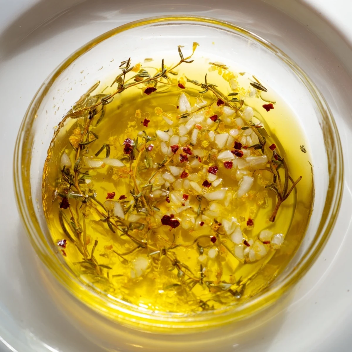 Vibrant Garlic Oil with Herbs in a sterilized bottle, ready for drizzling over crusty bread or roasted vegetables.