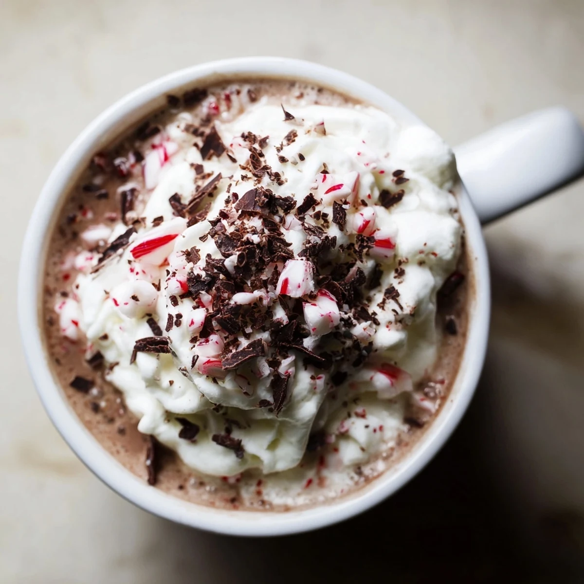 A festive winter Peppermint Mocha with dark cocoa and bold espresso. Garnished with chocolate shavings and a swirl of whipped cream for indulgence.