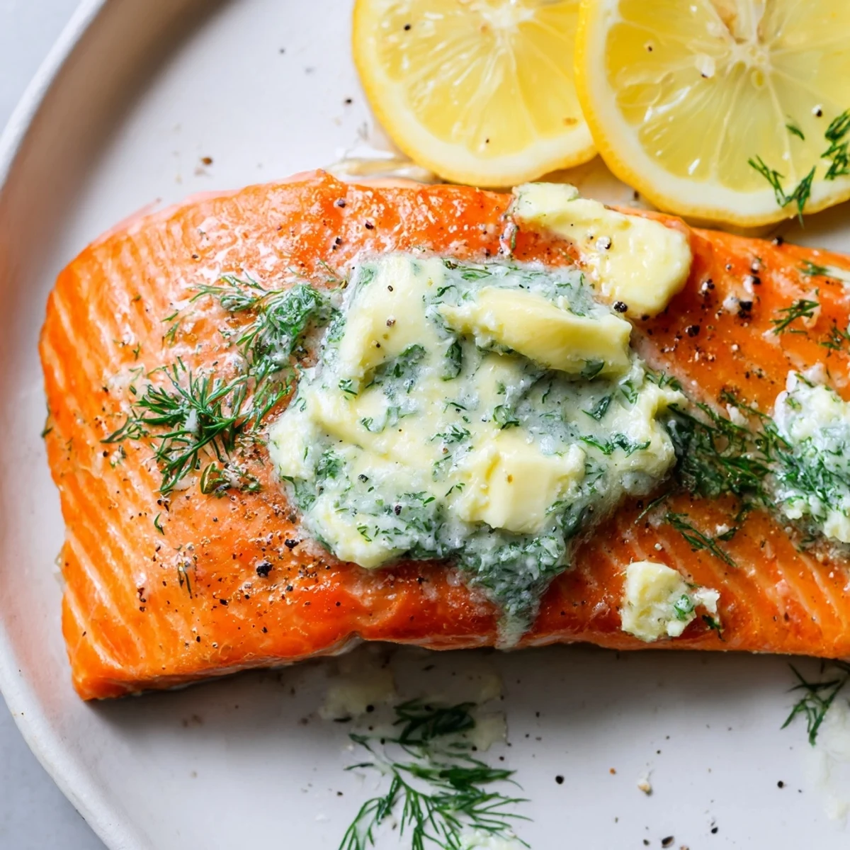 Freshly baked salmon fillets glistening with melted dill butter and lemon slices on a baking sheet.