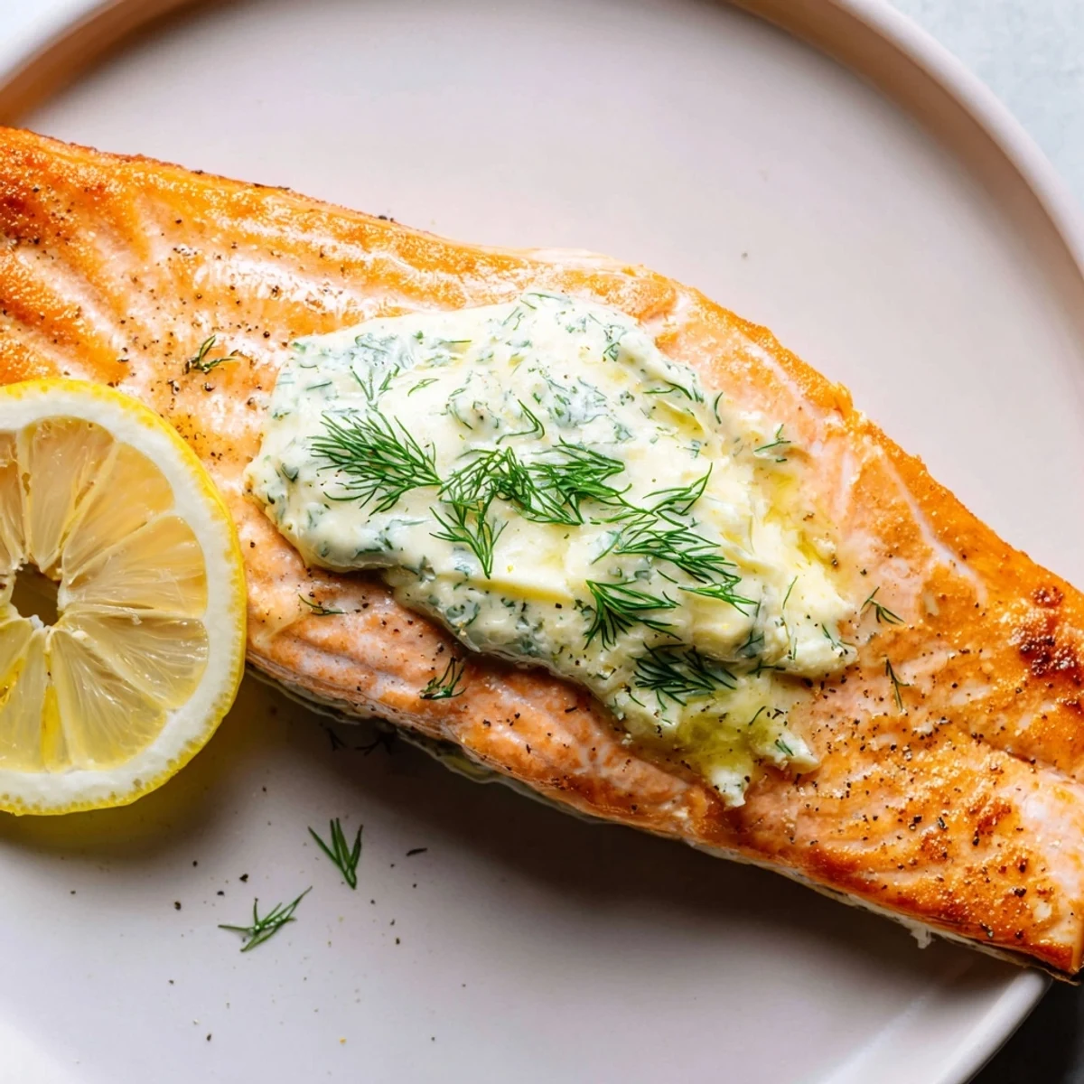 Flaky, tender Baked Salmon with Dill Butter topped with a melting pat of herbs and lemon on a white plate.