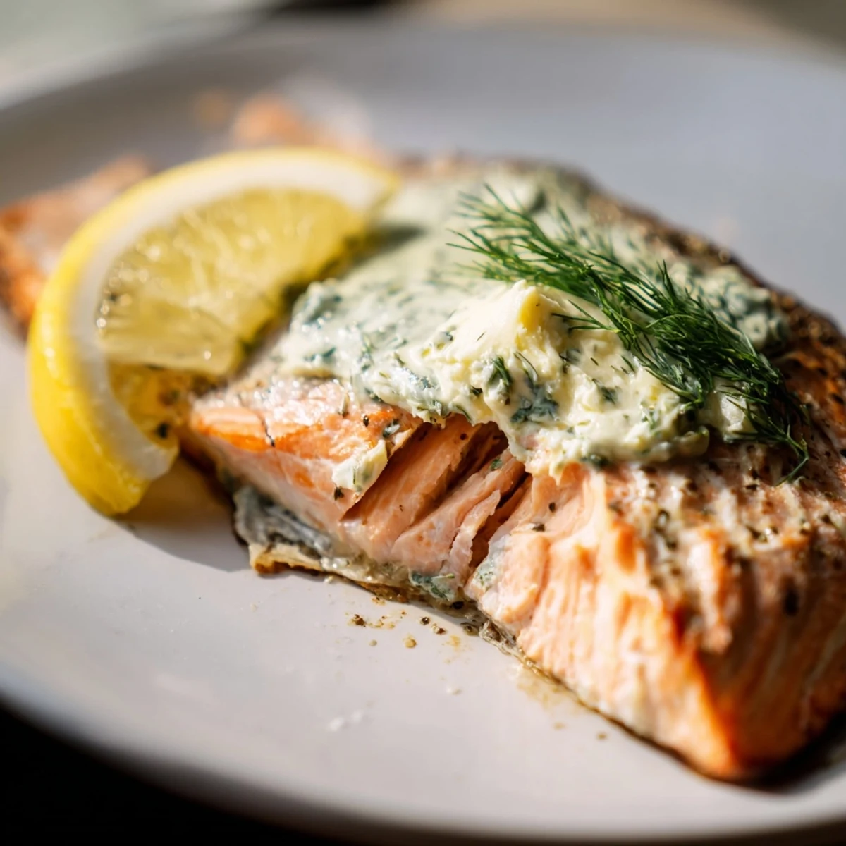 Perfectly cooked Baked Salmon with Dill Butter ready to serve, garnished with fresh herbs for a weeknight dinner.