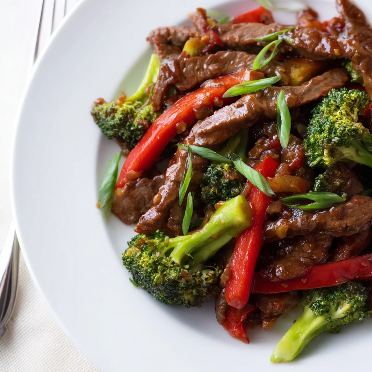 A close-up of tender beef and crisp broccoli in a glistening, savory sauce in a wok.