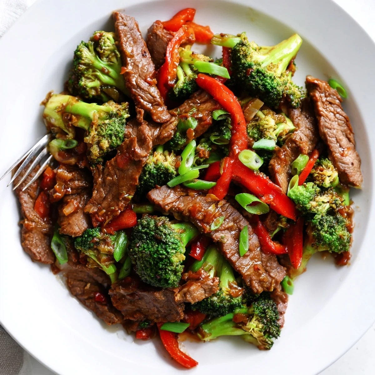 Plated Spicy Beef Stir Fry with Broccoli over fluffy white rice, garnished with fresh green onions.