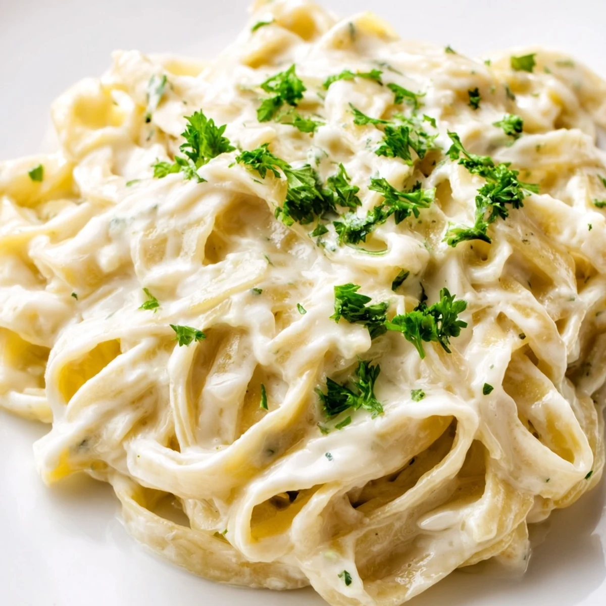 Creamy Alfredo Sauce with Fettuccine twirls in a white bowl, garnished with fresh parsley and grated Parmesan.