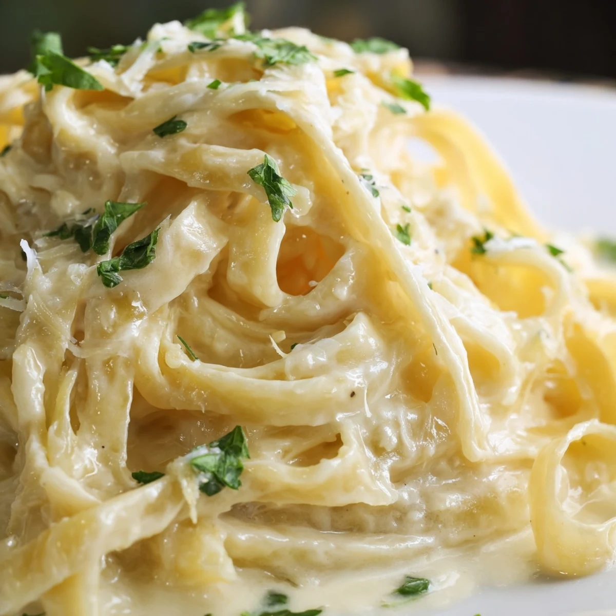 Ladle serving Creamy Alfredo Sauce with Fettuccine onto a rustic plate, highlighting the rich, velvety texture.