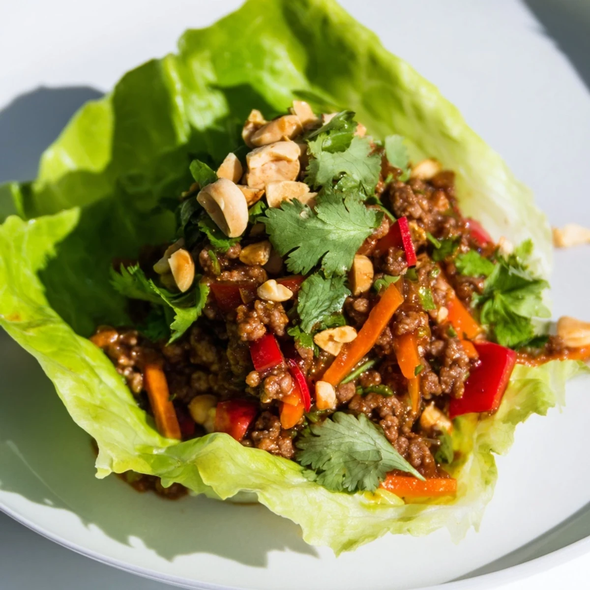 Golden-brown ground beef with sautéed garlic and ginger is spooned into crisp butter lettuce cups for these Beef Lettuce Wraps with Peanuts.