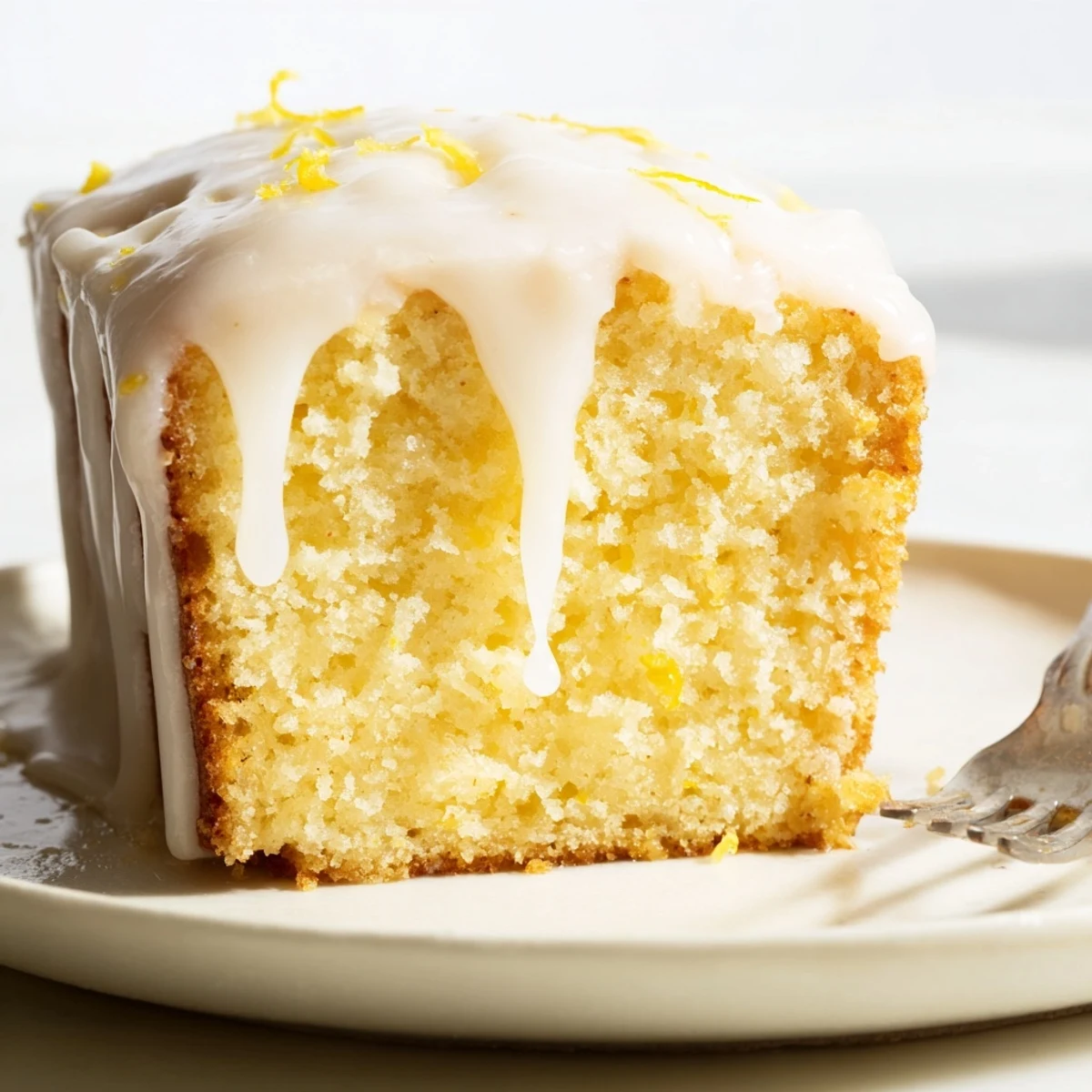 Homemade Lemon Loaf cooling on a wire rack with a bowl of sweet, citrusy glaze.
